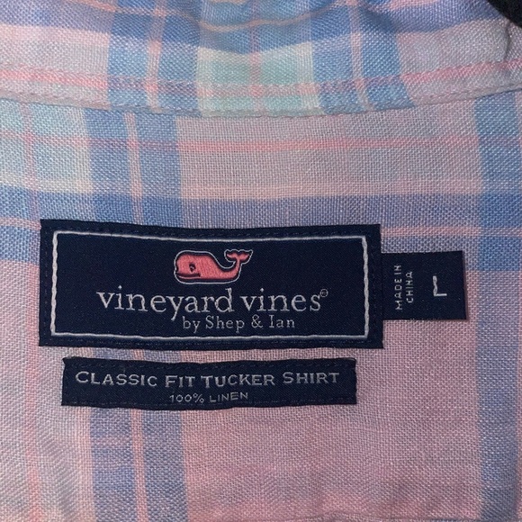Vineyard Vines Classic Fit Tucker Shirt 100% Linen Pink And Blue Plaid Size L - Picture 4 of 7